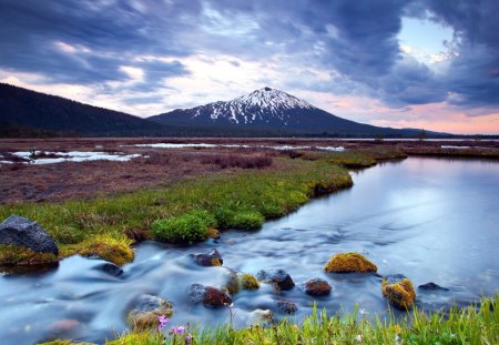 beautiful landscape - wetlands, mountain, clouds, river, stones