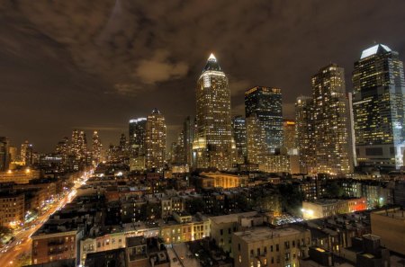 nyc under cloudy skies at night - clouds, city, night, streets, lights