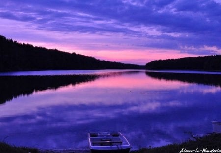 The Rokiet Lakeby - lake, purple, nature, boat