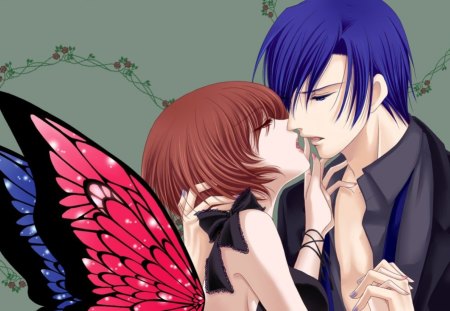 Sweet Fairy Love - lover, vocaloids, sublime, male, ublime, ribbon, fairy, couple, vocaloid, love, brown hair, anime, butterfly, lovely, female, romantic, guy, cute, beautiful, meiko, girl, anime girl, wings, elegant, gorgeous, blue hair, handsome, short hair, wing, beauty, romance, lue eyes, kaito, divine, brown eyes, boy