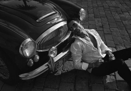 B&W - black white, car, man, model