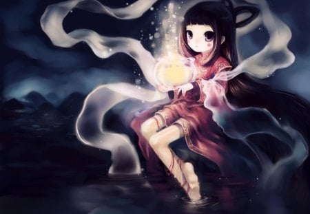 Gloomy - female, magic, eerie, water, anime girl, gloom, black hair, fantasy, black, sinister, dark, anime, ribbon, robe, cute, gloomy, girl, magical, light, night, long hair, kawaii, scare