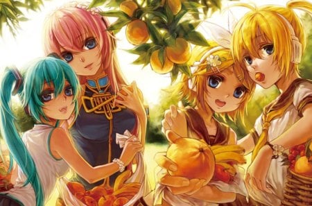 Orchard Farm - female, food, kagamine len, luka, rin, superstar, len, lue eyes, megurine luka, vocaloid, anime, blonde, hatsune miku, green hair, long hair, boy, male, group, short hair, kagamine rin, fruit, orchard, pink hair, idol, twin tails, anime girl, twintails, singer, girl, blonde hair, miku, diva, vocaloids, twin