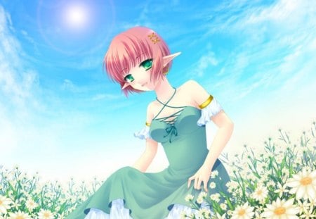 Anime Elf - female, scenery, blossom, scene, lf, green eyes, field, gown, hot, beauty, flower, petals, cute, floral, sexy, anime, elegant, divine, kawaii, dress, short hair, gorgeous, view, pink hair, sky, sun, anime girl, beautiful, girl, scenic, lovely, elf, cloud