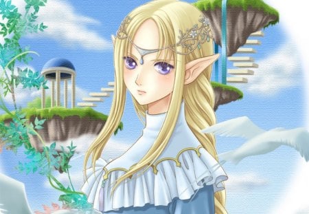 Elf Princess - magic, female, wing, ears, sublime, purple eyes, staircase, pavilion, princess, paradise, hot, wings, cute, stair, sexy, heaven, bird, anime, tiara, elegant, divine, crown, blonde, long hair, magical, gorgeous, sky, aradise, anime girl, girl, blonde hair, elf, fantasy, cloud