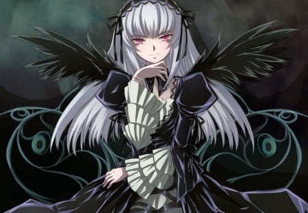 Suigintou - female, hot, wings, anime girl, black, dark, anime, cute, silver hair, pink eyes, maiden, sexy, girl, long hair, rozen maiden, gown, suigintou, wing, white hair, dress