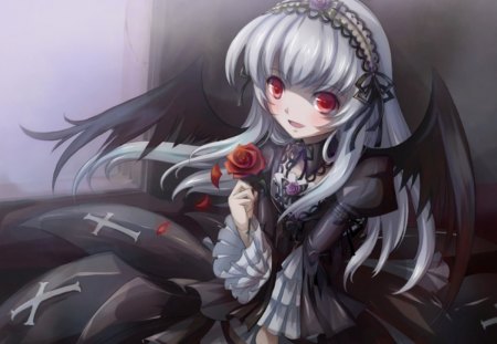 Suigintou - roses, anime, female, wing, blossom, maiden, dress, long hair, white hair, dark, pink eyes, suigintou, silver hair, rozen maiden, gown, anime girl, hot, girl, flower, petals, black, wings, rose, cute, floral, sexy