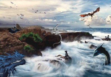 my dragon world - waves, sea, dragons, rocks