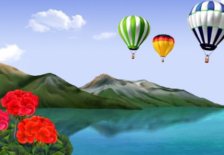 Air balloon - balloon, digital, 3D, flower, art, mountain