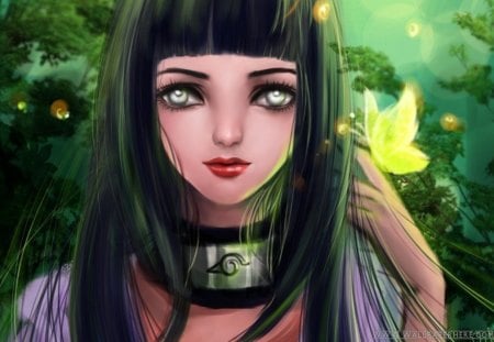 Hinata-sama - butterfly, naruto, forest, hinata, anime, byakugan