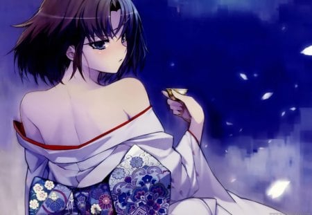 Midnight Sake - clouds, sake, girl, tipsy, kimono, night, petals, dark, cute, sexy