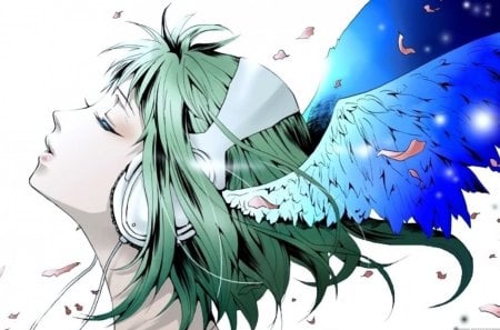 Listen to the Wind - delicate, song, wings, music, gentle, wind, sakura, petals, beautiful, headphones, green, anime