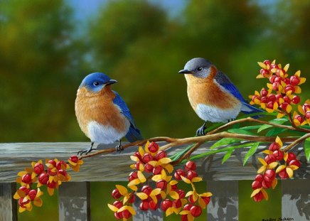 Spring birds - pretty, trees, birds, beautiful, spring, lovely, fence, flowers, berries, fresh, painting, sing, cute, nice, song, animals