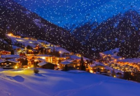 Winter village - town, roofs, evening, snow, night, stars, mountain, calmness, countryside, view, frost, nice, sky, winter, beautiful, snowy, lovely, valley, peaks, ice, frozen, nature, lights, cold, serenity, peaceful