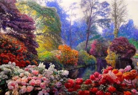 Floral paradise - nice, freshness, trees, paradise, water, spring, pretty, garden, pond, lake, park, summer, lovely, bushes, nature, floral, forest, beautiful, flowers