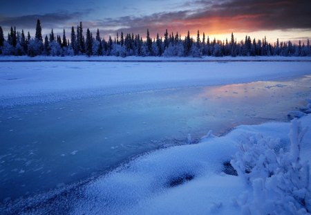 Winter - lake, sky, clouds, snow, winter, sunset