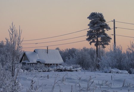 Winter - house, snow, sunrise, winter