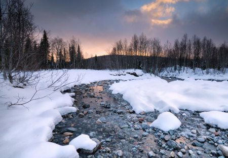 Winter - sky, river, clouds, snow, winter, sunset