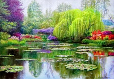 Calm pond - nice, beauty, trees, paradise, water, colorful, spring, painting, quiet, pretty, reflection, garden, pond, lilies, lake, park, summer, lovely, serenity, willow, bushes, tranquility, floral, beautiful, flowers