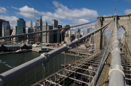 manhattan from above the brooklyn bridge - city, bridge, skyscrapers, river