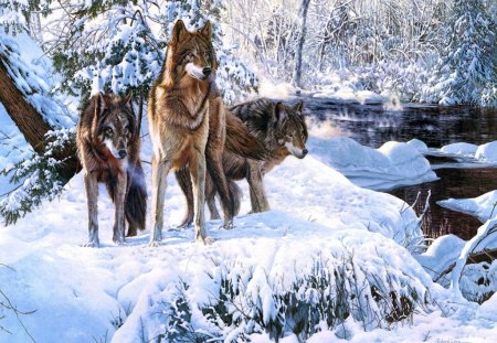 Trio - wolfpack, trio, painting, wolves, predator, trees, artwork, snow