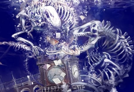 Underwater - skeleton, water, aqua, clock, girl, blue, manga, tower, anima, underwater