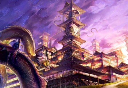 Fantastic creature - serpent, anime, year of the snake, snake, tower, chinese, pink, creature, manga, fantasy, animal, dragon, purple, korea, japanese