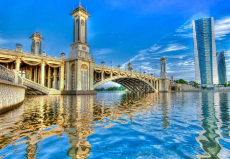 beautiful stylish bridge hdr - river, hdr, skyscrapers, ripples, bridge