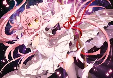 ♦Majokko♦ - Dress, Shojo, Majokko, Bow, Mahou Shojo Madoka Magica, Long hair, Gloves, Long pink hair, Yellowe eyes, Female, Petals, Kaname Madoka, Girl, Madoka, White outfit, Pink hair, Kaname