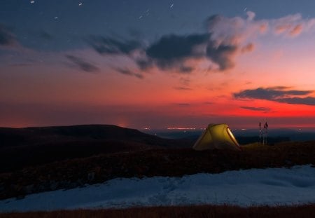 Sunset - clouds, sunset, mountains, tent, sky