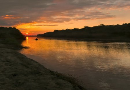 Sunset - river, clouds, sunset, sky