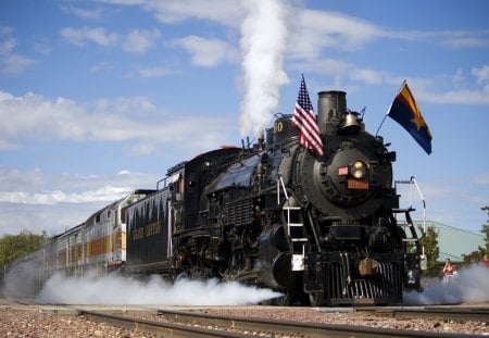 Grand Canyon Railways - locomotive, steam, rails, flags