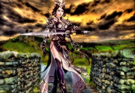 Warrior Girl - ruin, cloud, sword, HDR in photoshop, weapon