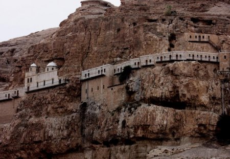 monastery along a cliff - cliff, caves, mountain, monastery