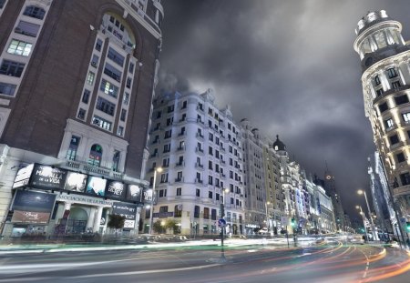 madrid street in long exposure - street, long exposure, city, night, lights