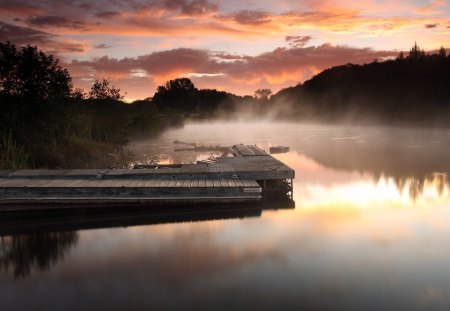 sunset - mountains, sky, sunset, river