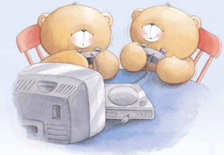 Bears Playing Games - teddy bears, computer, table, chairs, playing games