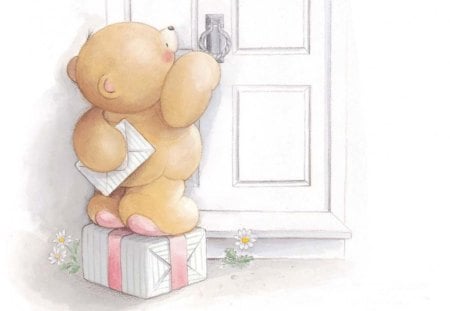 Bear with present - letter, teddy bear, gift, door