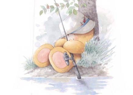 Fishing Bear - river, fishing pole, teddy bear, nap, tree