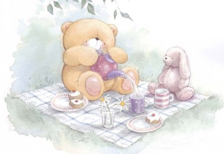 Teddy Bear's Picnic - flowers, blanket, toy dog, teddy bear, picnic, teapot