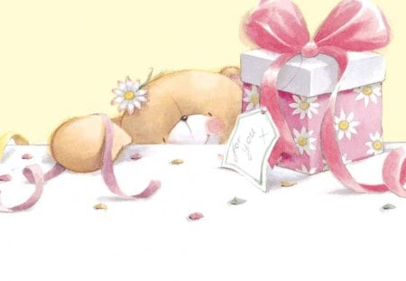 For You! - present, ribbon, teddy bear, tag, flower