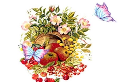 Spring Day - flowers, basket, butterflies, fruit, spring