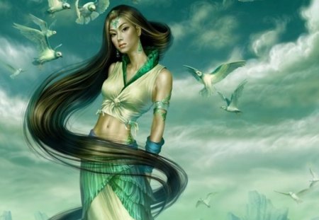 Bird queen - clouds, abstract, bird, birds, blue, girl, long hair, hair, cg, fantasy, tang yuehui, grey, green, woman, sky