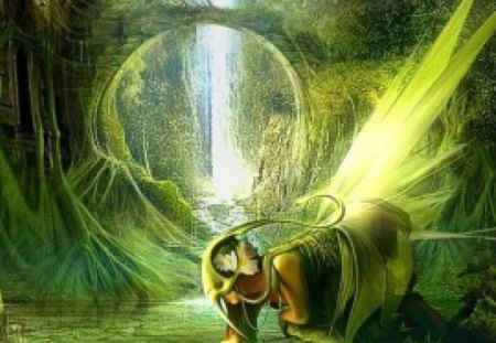 Ritual - girl, forest, river, green, fairy, fantasy, cg