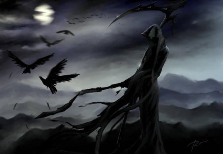 Motis - moon, scythe, dark, fantasy, raven