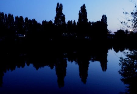 Night picture - reflexion, lake, trees, river, water, night