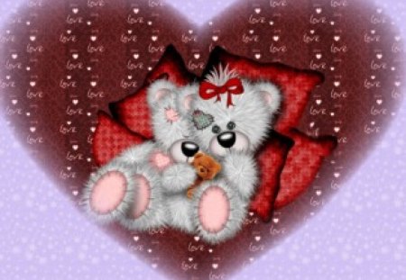 cute couple - love, bears, heart, pillows, valentine, hearts, valentines, teddy bears, bow, valentines day, ribbon