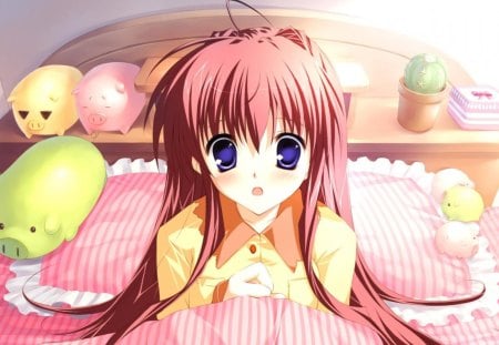 In Bed - bed, pig, blushing, anime, anime girl