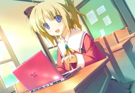 Hello - school uniform, blushing, smile, anime, computer, school girl