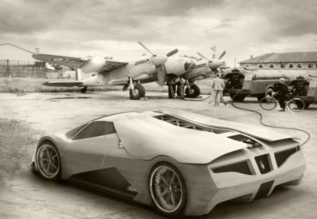 Splinter Sport Car and Mosquito - joe harmon, mosquito, airfield, sport car, super sport car, monocrom pic, splinter, de havilland